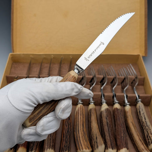 英国ヴィンテージ アントラーハンドル ステーキカトラリー6ペアセット Lancelott of Sheffield